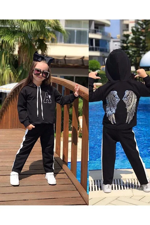 Детский спортивный костюм для девочек с вышивкой пайетками Angel wing pul Modavals, Black