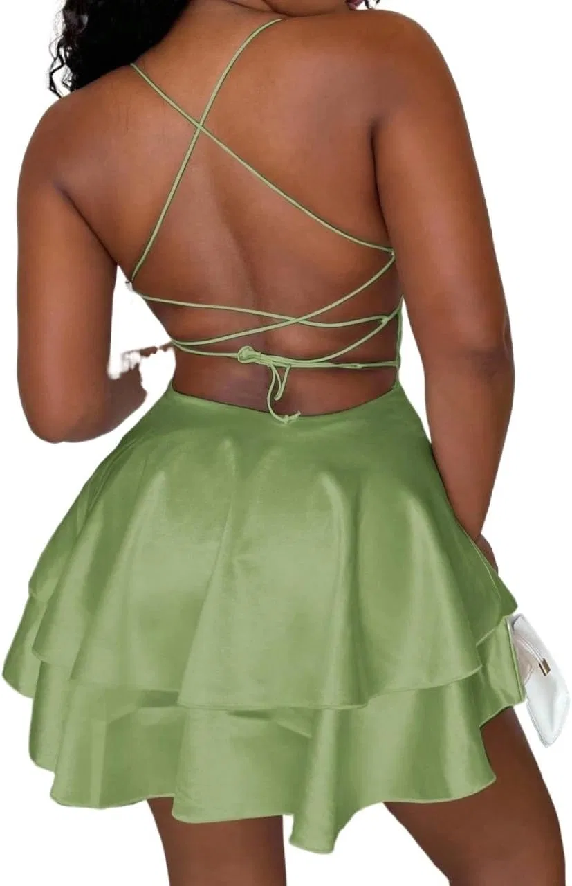 Женское короткое cami платье с открытой спиной на бретелях, Green