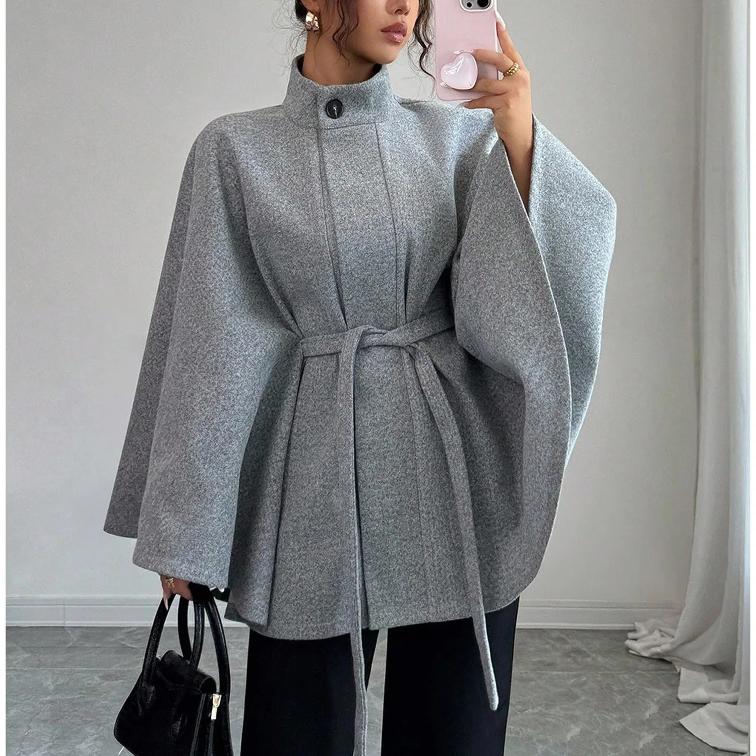 Женское пальто-накидка с рукавом-доломан и поясом, модель Neck Stand Belt Cape Cloak Coat, grey — фото 3