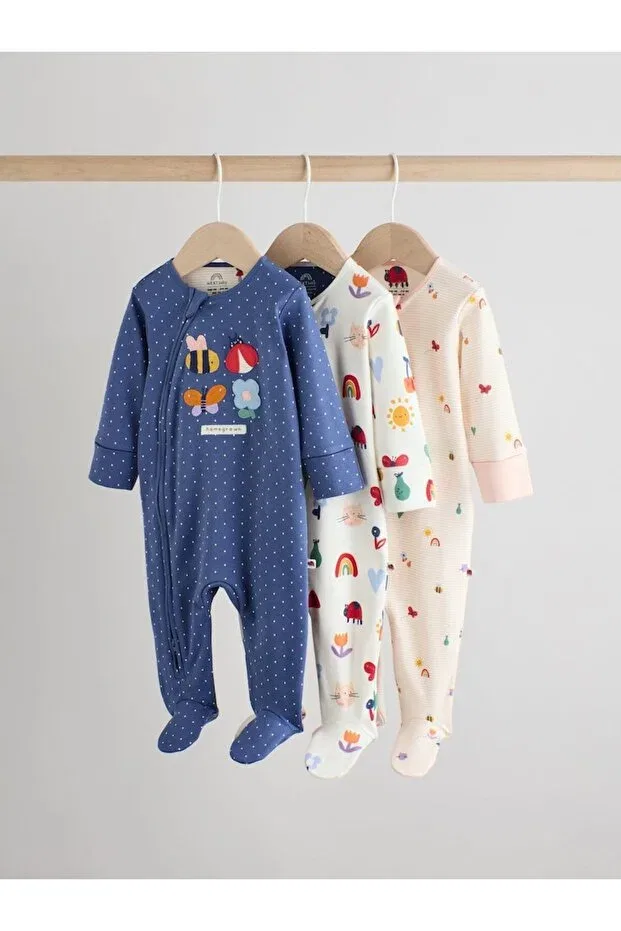 Детский комплект пижам с принтом Cotton Navy Blue Cream Floral Patterned 3-Piece Sleepsuit Set Next Baby, Multicolor