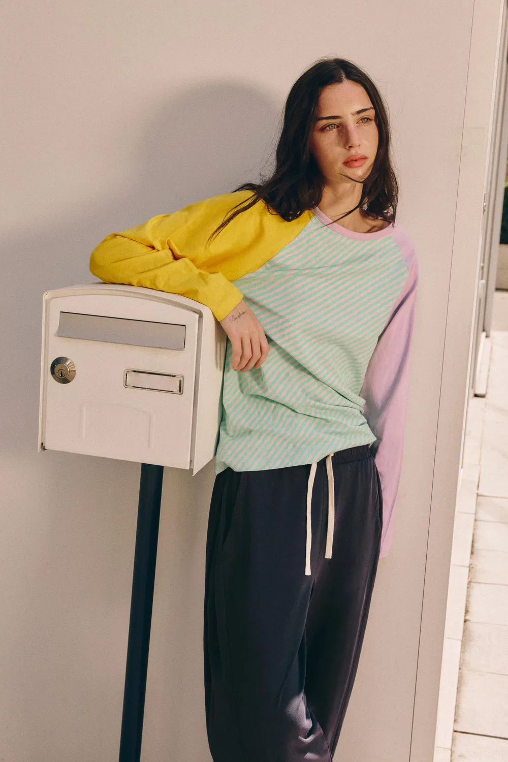 Футболка из хлопка и льна, трехцветная ZARA, Light green — фото 4