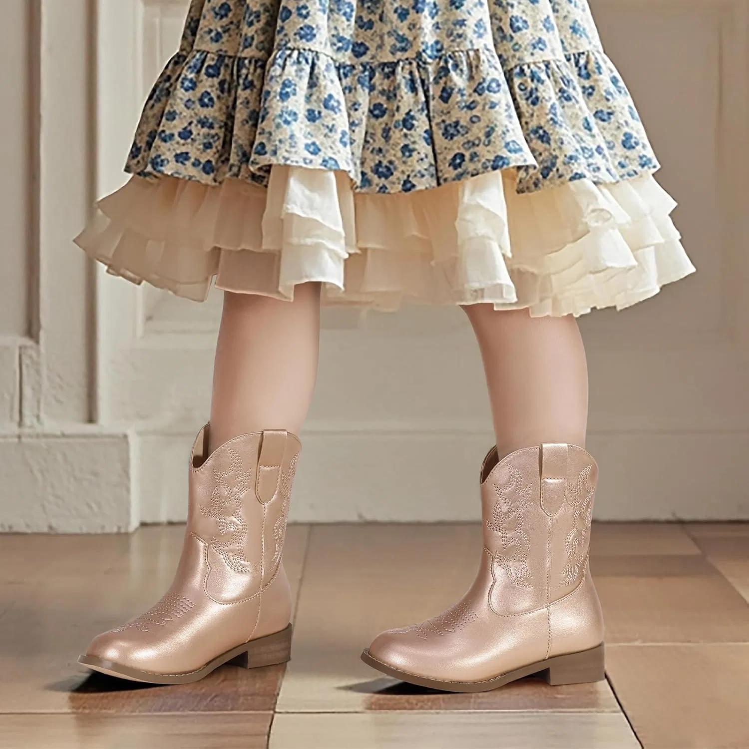 Детские сапоги для девочек с вышивкой Cowgirl Boots PANDANINJIA, Rose Gold — фото 3