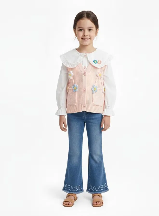 Комплект вязаный жилет с джинсами Pastel floral knit Babyqlo, розовый