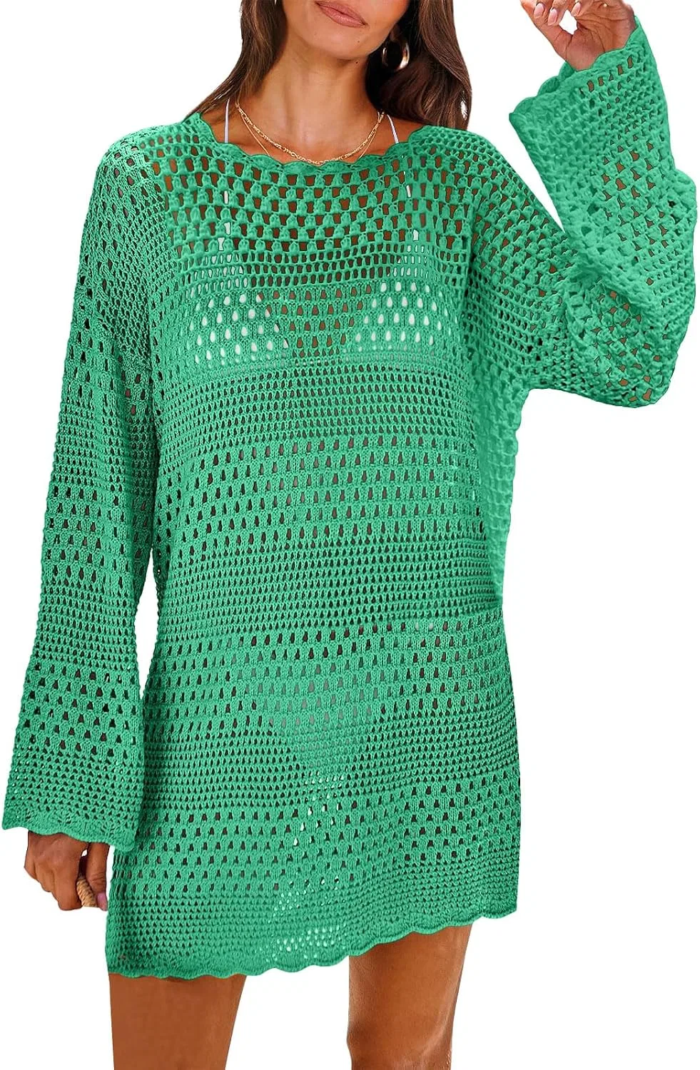 Женский вязаный пляжный халат с длинным рукавом, Green