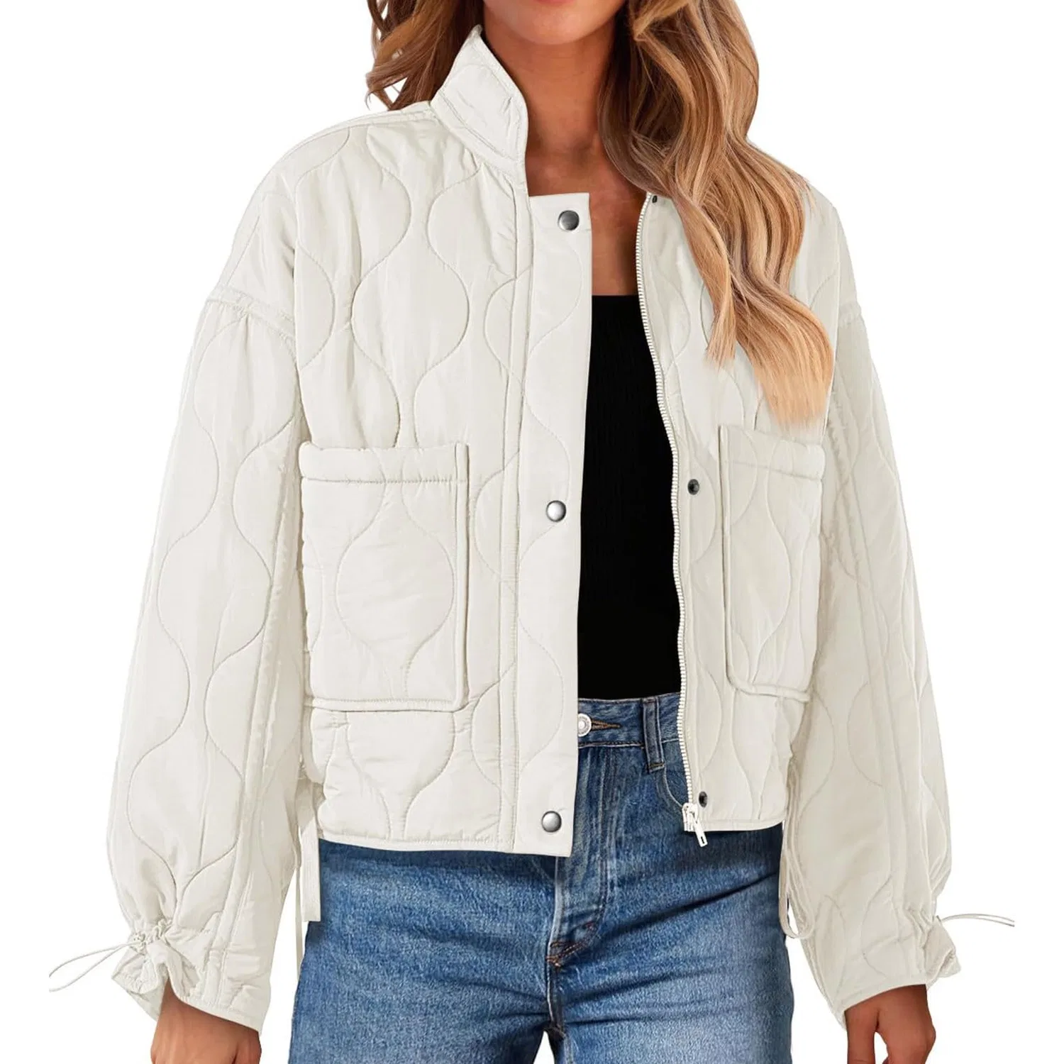 Женское стеганое пальто с капюшоном Women's Jackets Zipper Warm Quilted Long Sleeve Turtleneck Winter Coats, White