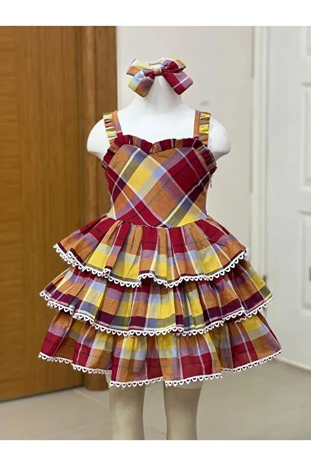 Детское платье для девочек с принтом Eid Girl's Plaid Detailed Puffy Dress Dilek, Bordosari — фото 2