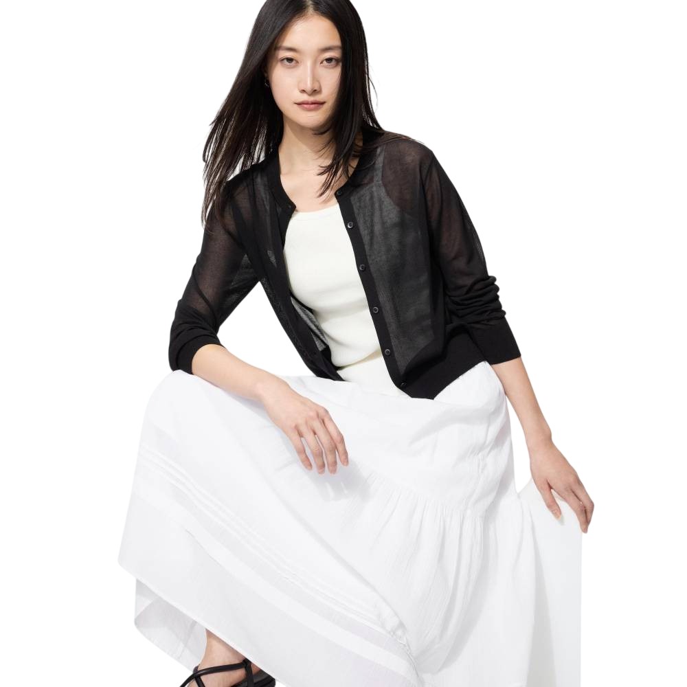 Кардиган Uniqlo Sheer Сrew Neck Short / washable, 09 черный
