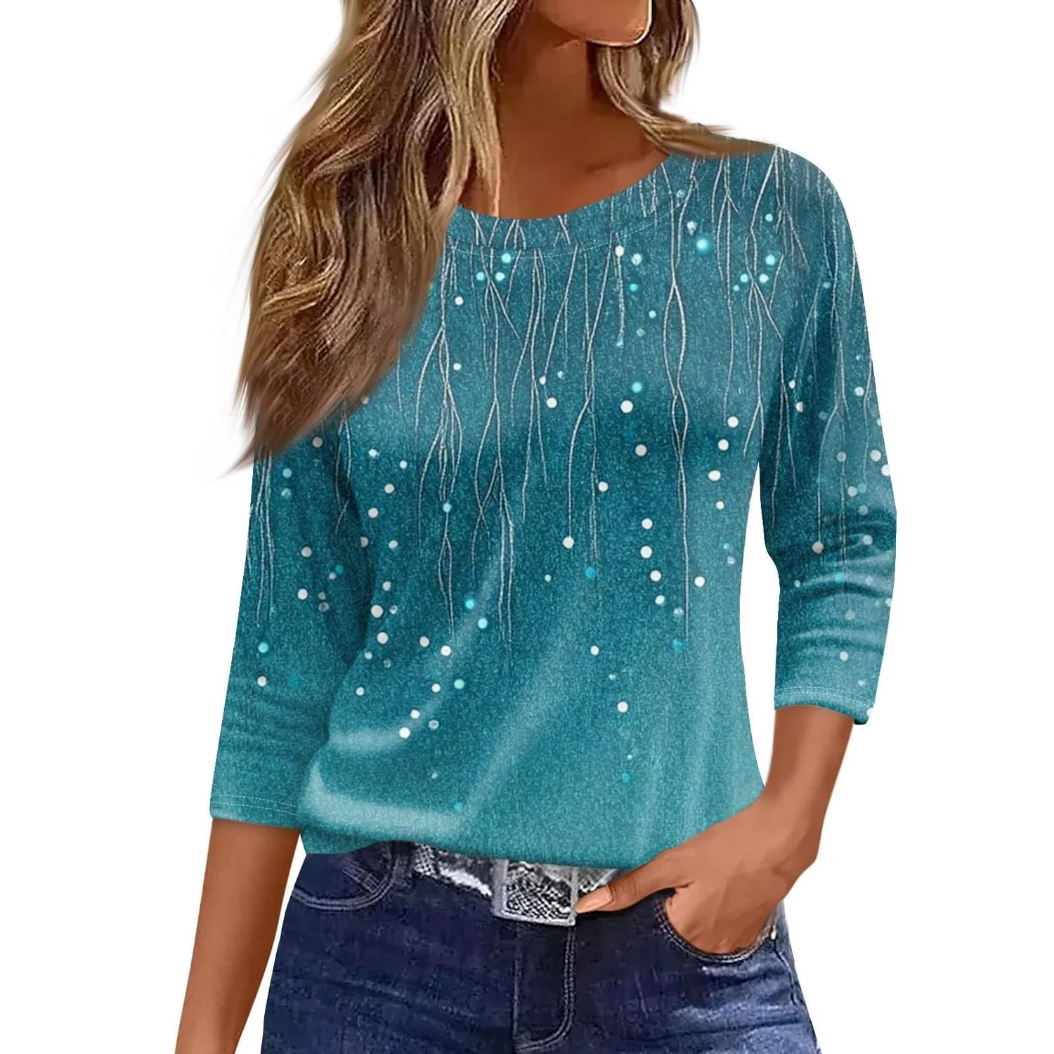 Женская туника с рукавом 3/4, круглым вырезом, простым дизайном, 1b-mint Green