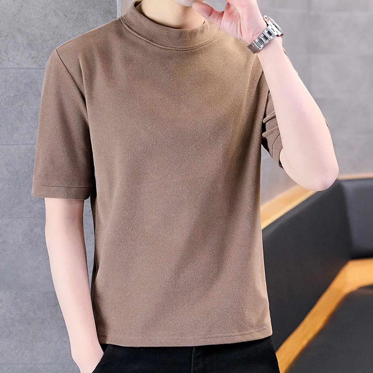 Мужская хлопковая футболка с воротником-стойкой Henley, Khaki — фото 3