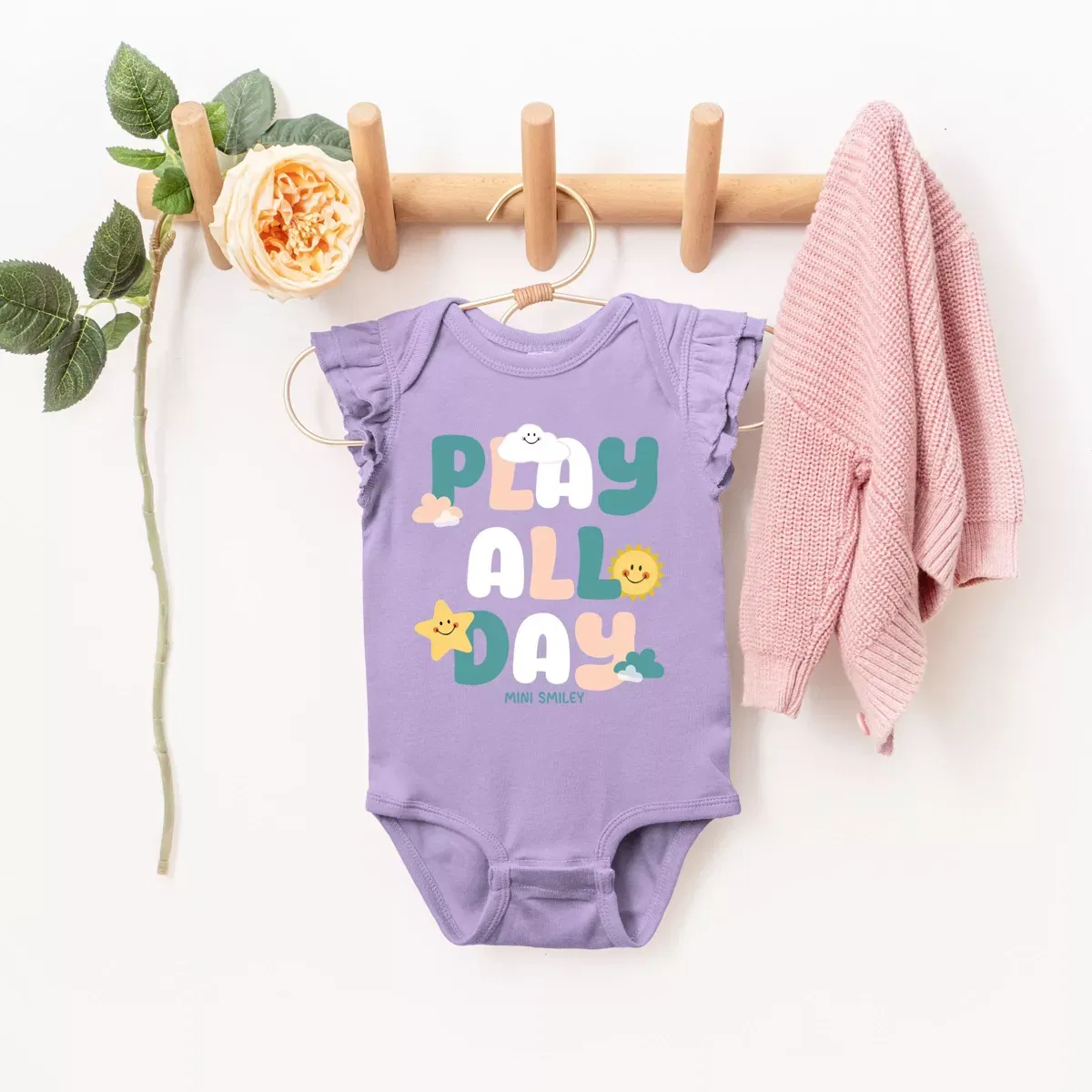 Детское боди для девочек с принтом Mini Smiley Play All Day The Juniper Shop, Lavender — фото 3