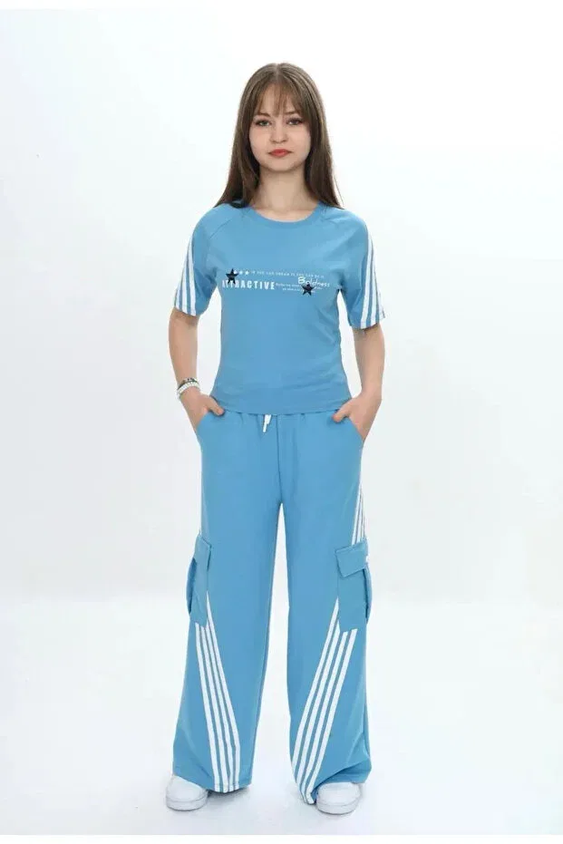 Детский спортивный комплект для девочек с карманами 100% хлопок Joui Co, Light Blue — фото 4