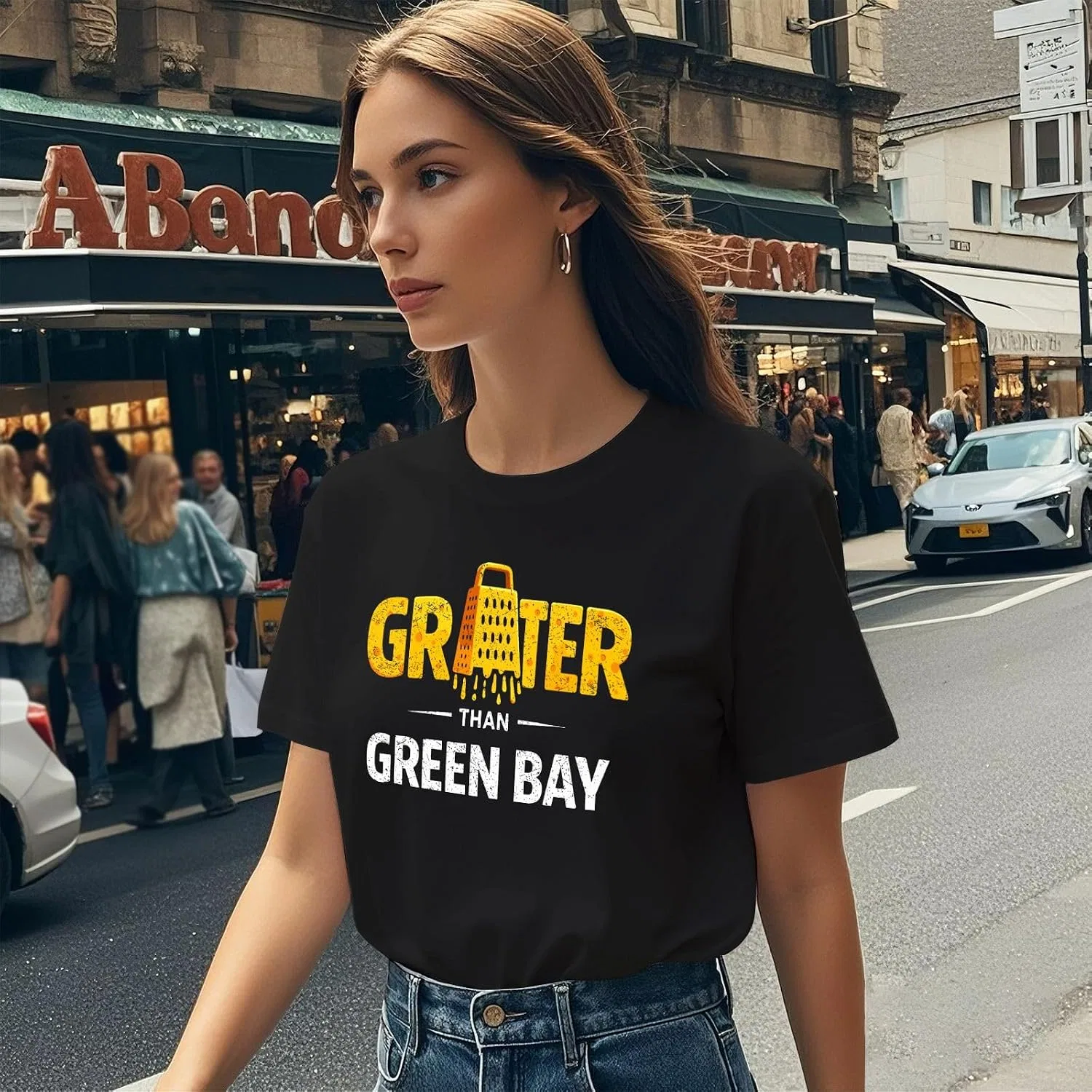 Мужская футболка с буквенным принтом Grater Than Green Bay Greater Cheese Grate, Allblack — фото 3