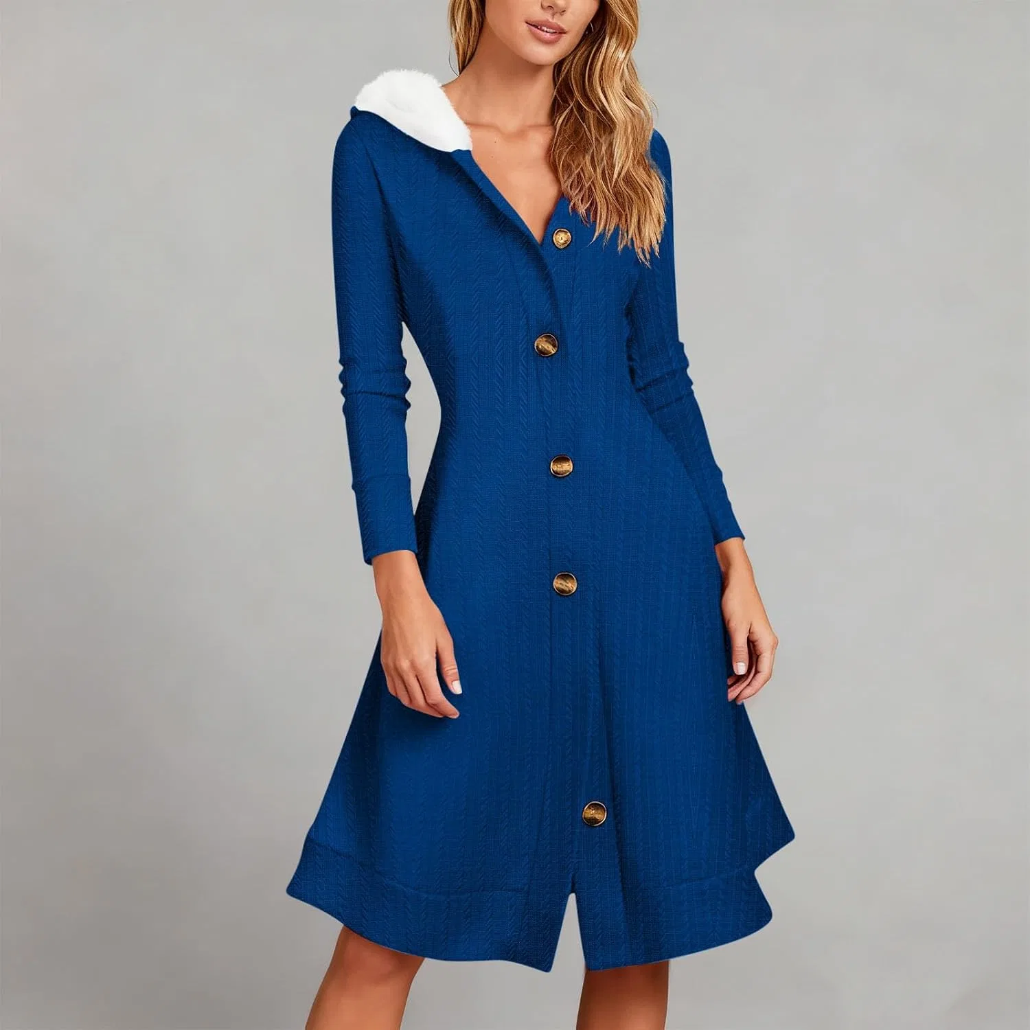 Женское трикотажное платье A-силуэта с капюшоном, Blue — фото 2