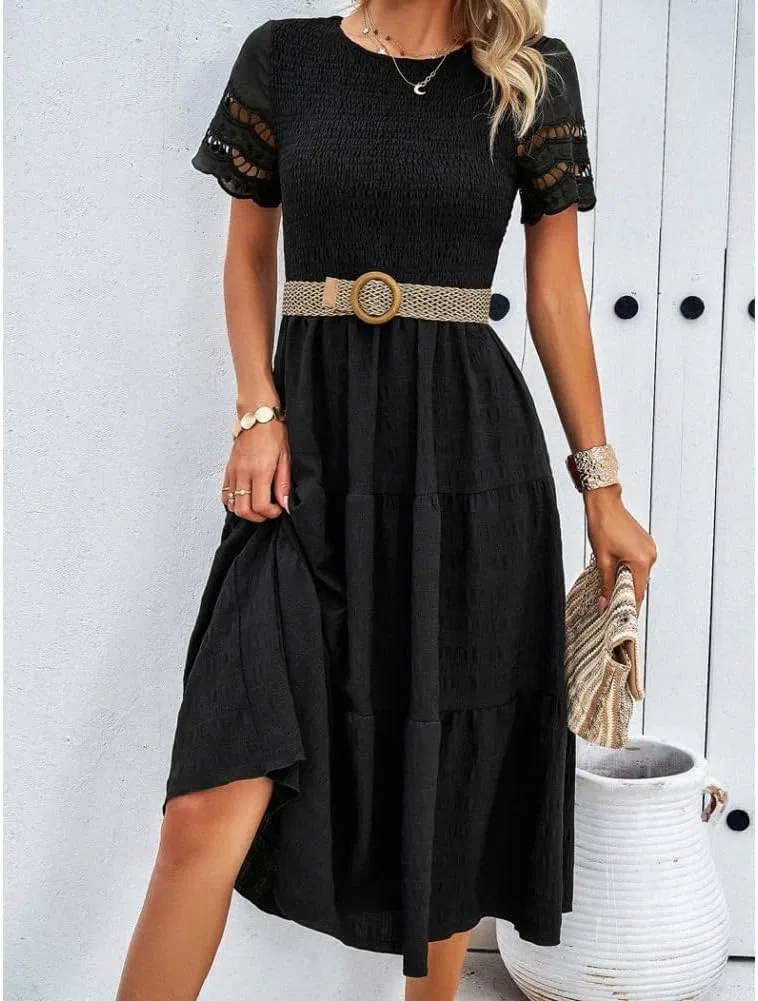 Женское летнее платье миди с воланами A-силуэта Black — фото 2