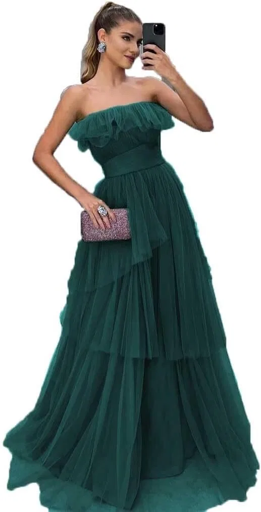 Женское вечернее платье A-line с воланами из фатина, Strapless Ruffle Prom Dresses, Peacock