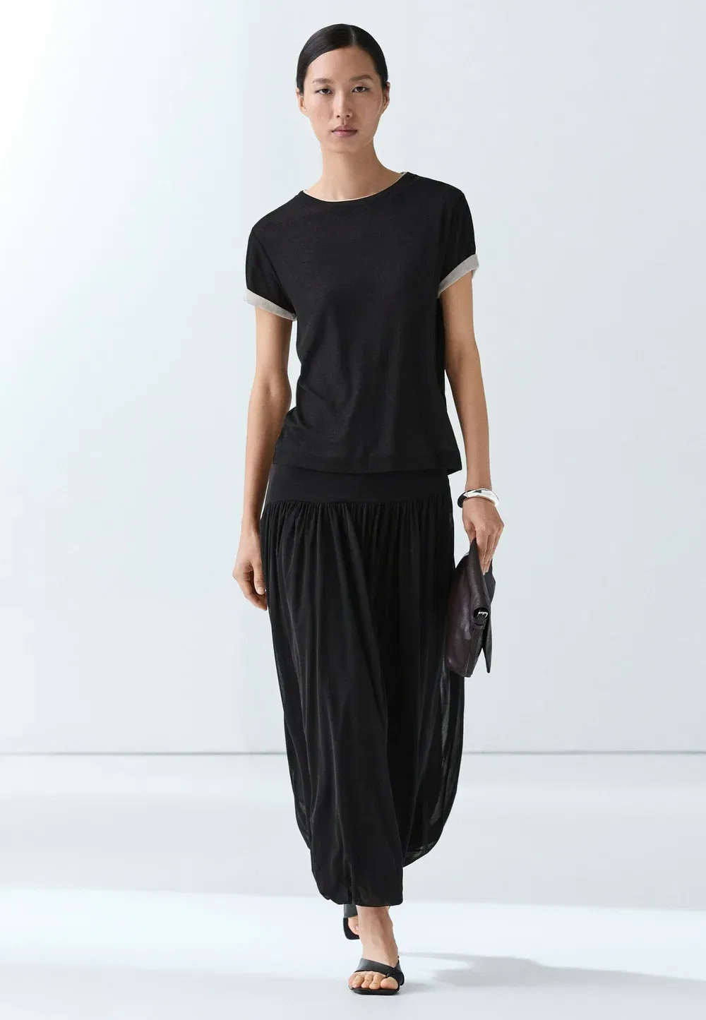 Двухслойная футболка с коротким рукавом - базовая футболка Massimo Dutti, Black — фото 2