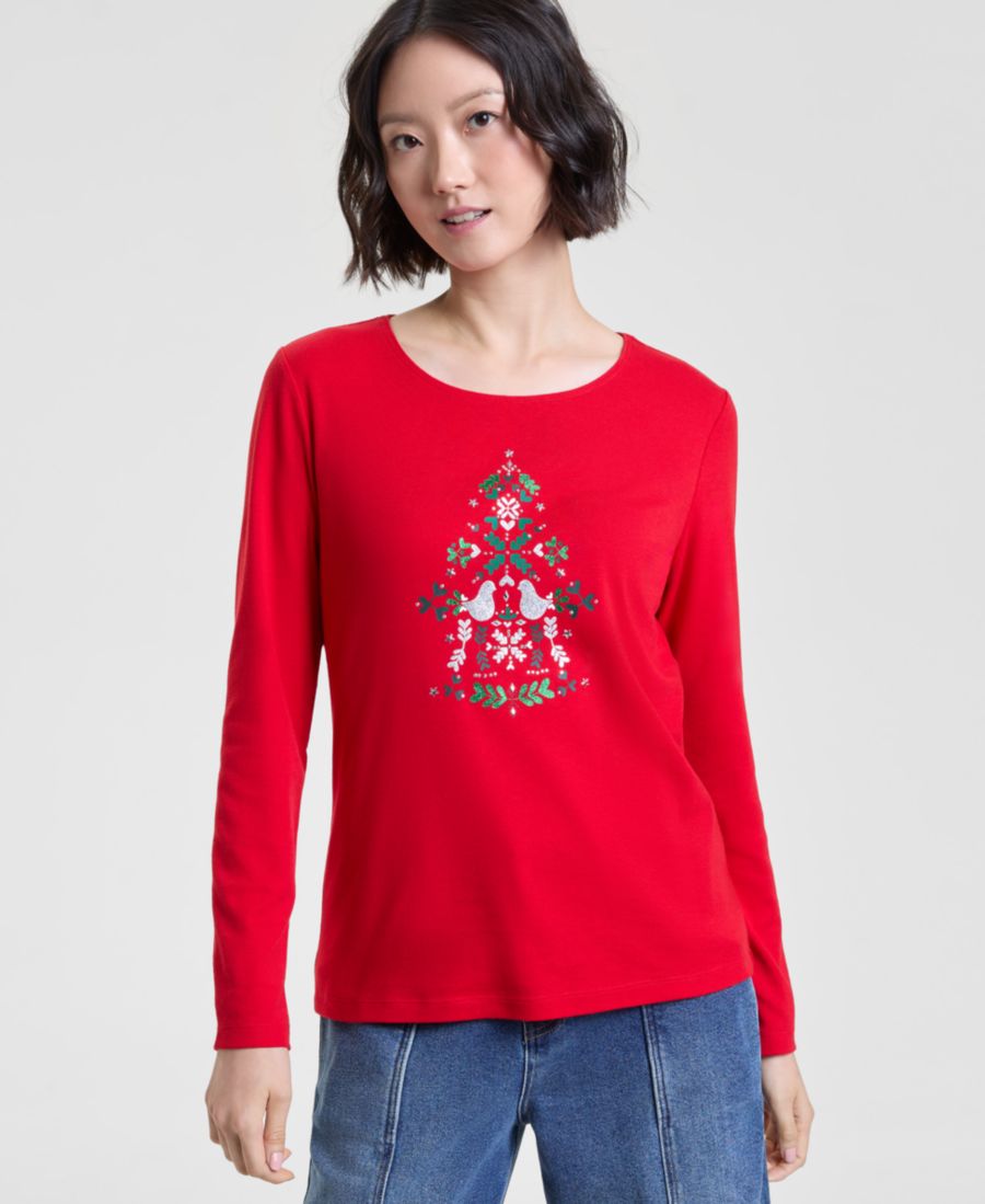 

Женская футболка Scandi Tree Graphic Top, размеры PXS-4X Holiday Lane, Ravishing Red
