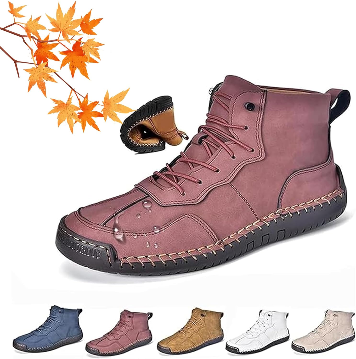 

Мужские ортопедические комфортные кожаные ботинки ручной работы, мужские кожаные ботинки с ручной прошивкой- широкий носок, наружная плоская подошва, водонепроницаемые, противоскользящие, дышащие ортопедические туфли Wxdstw, красный