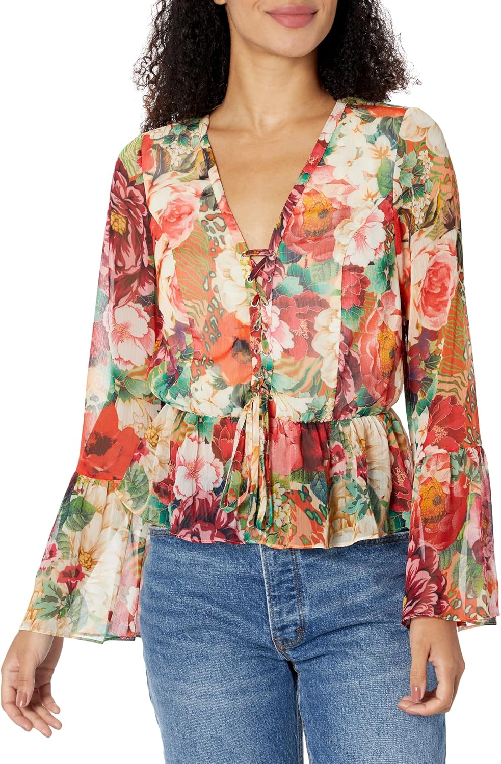 

GUESS Женский топ с длинными рукавами Demi, Peony Animal Print