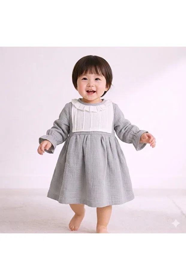 Детское платье для девочек с длинным рукавом Nilüfer muslin dress Happykds123, Gray