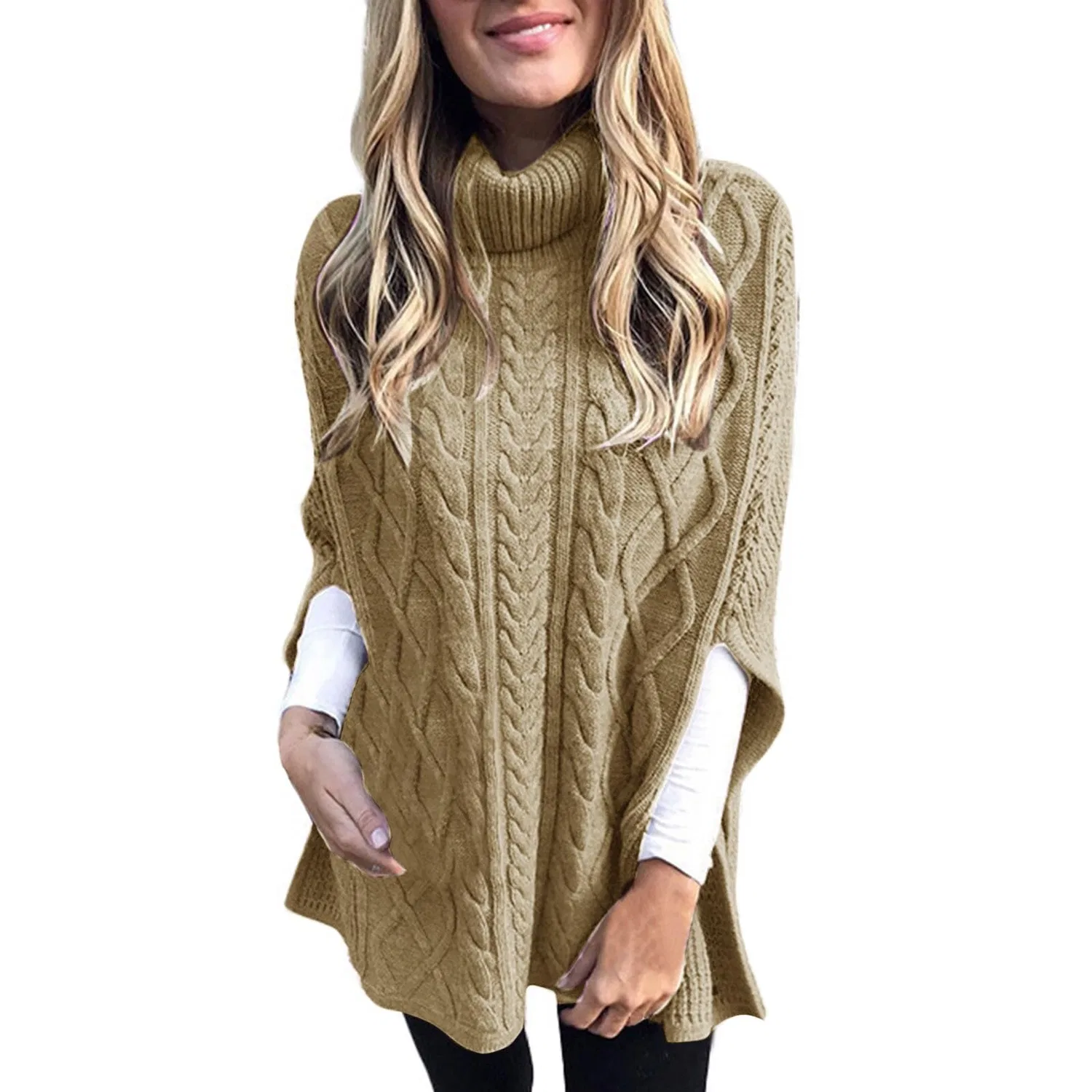 Женское вязаное пончо-кейп с высоким воротом, модель Polo Wrap Turtleneck, Brown