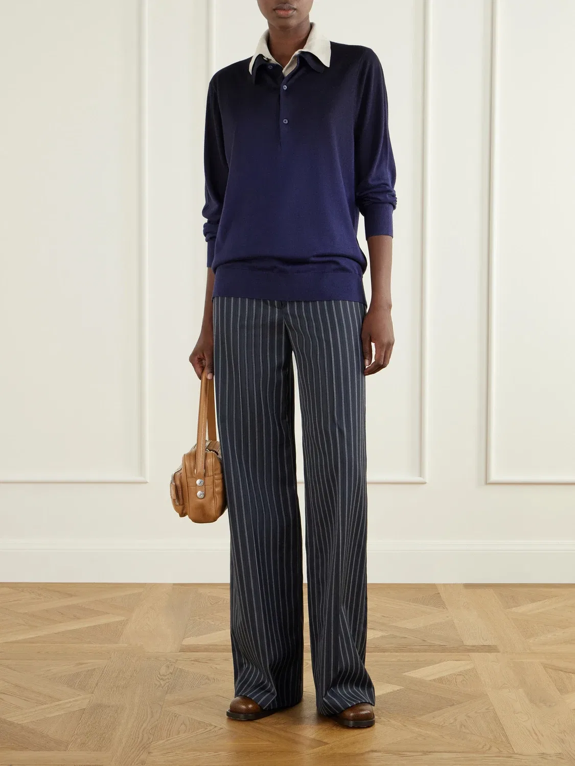 Свитер-поло многослойный из смеси шелка, шерсти и кашемира, Acne Studios, синий — фото 2