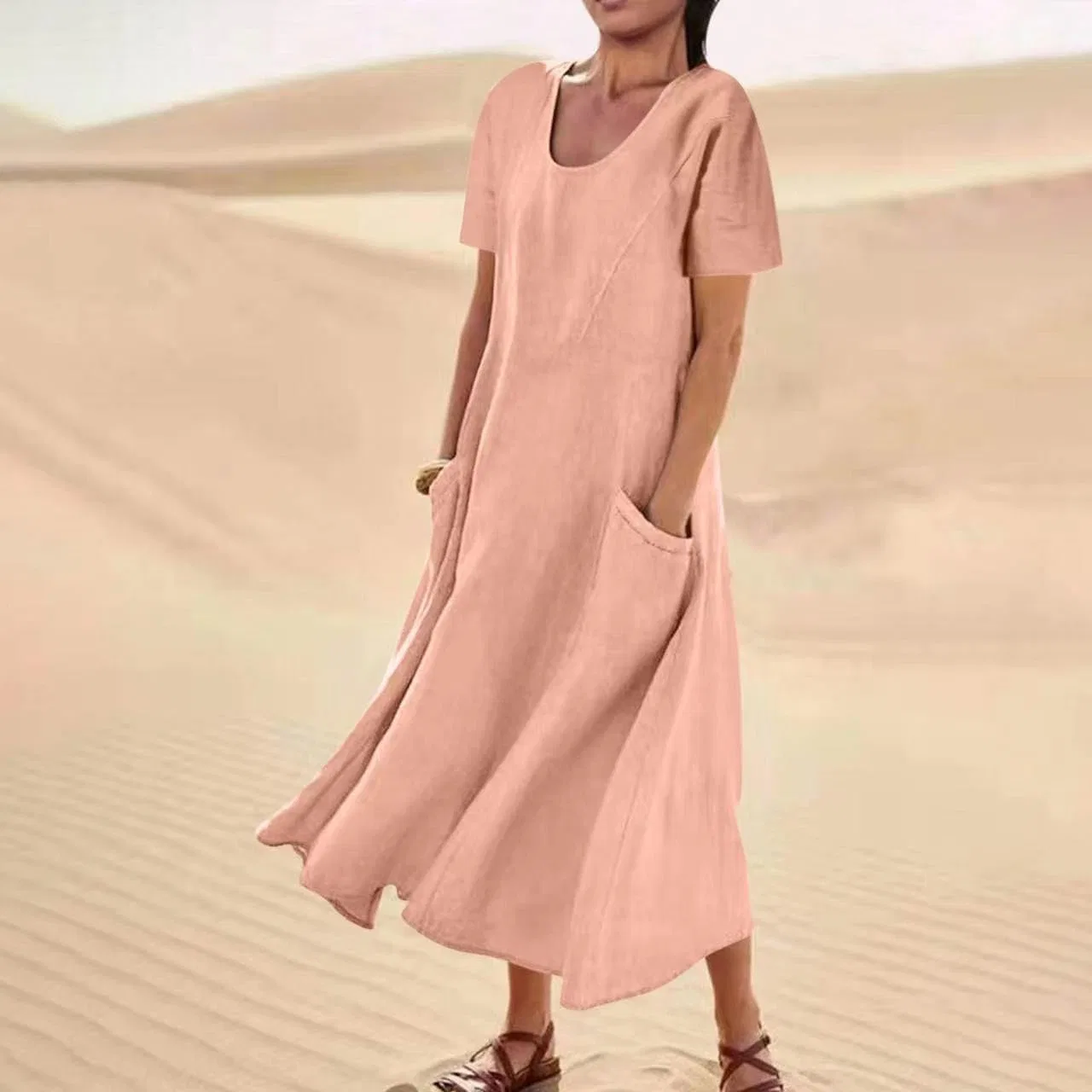 Женское летнее платье макси из хлопка и льна, Pink — фото 2