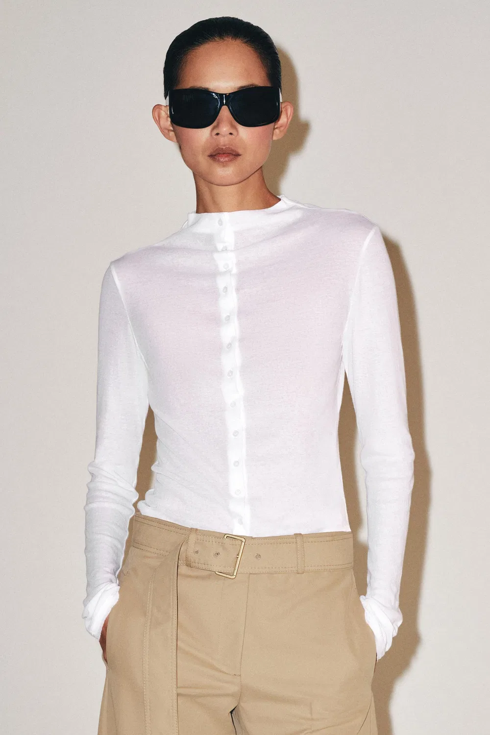 Футболка с высоким воротником на пуговицах ZARA, White — фото 2