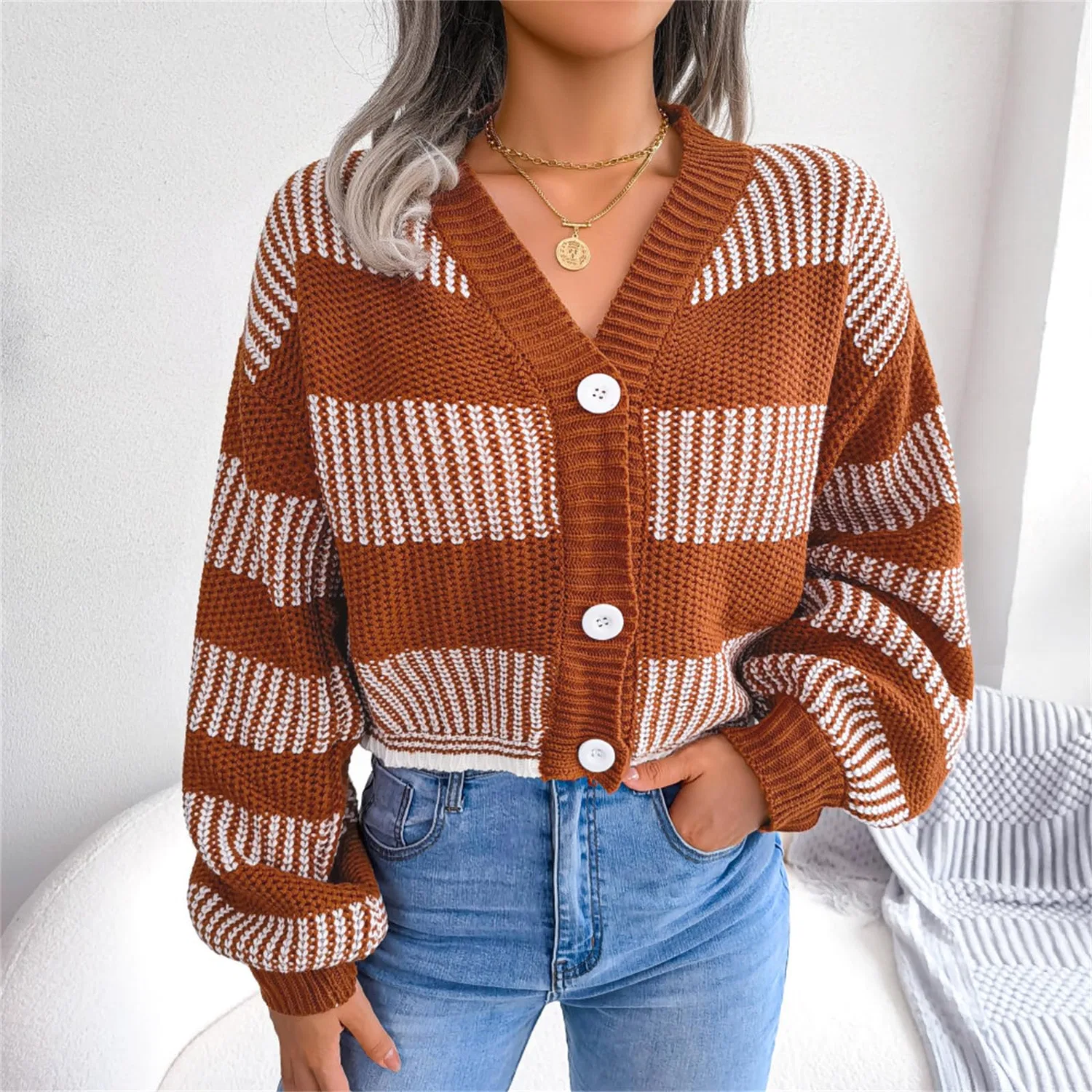Женское пальто с длинным рукавом, модель Cardigan da donna, Marrone — фото 2