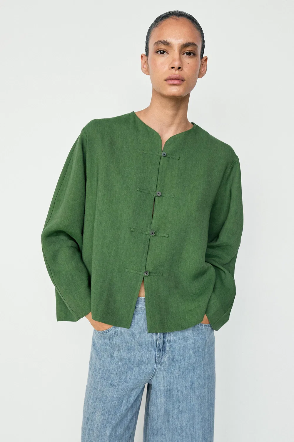 Рубашка-оверсайз Massimo Dutti Total Look Flowing With Button Details, синевато-зеленый