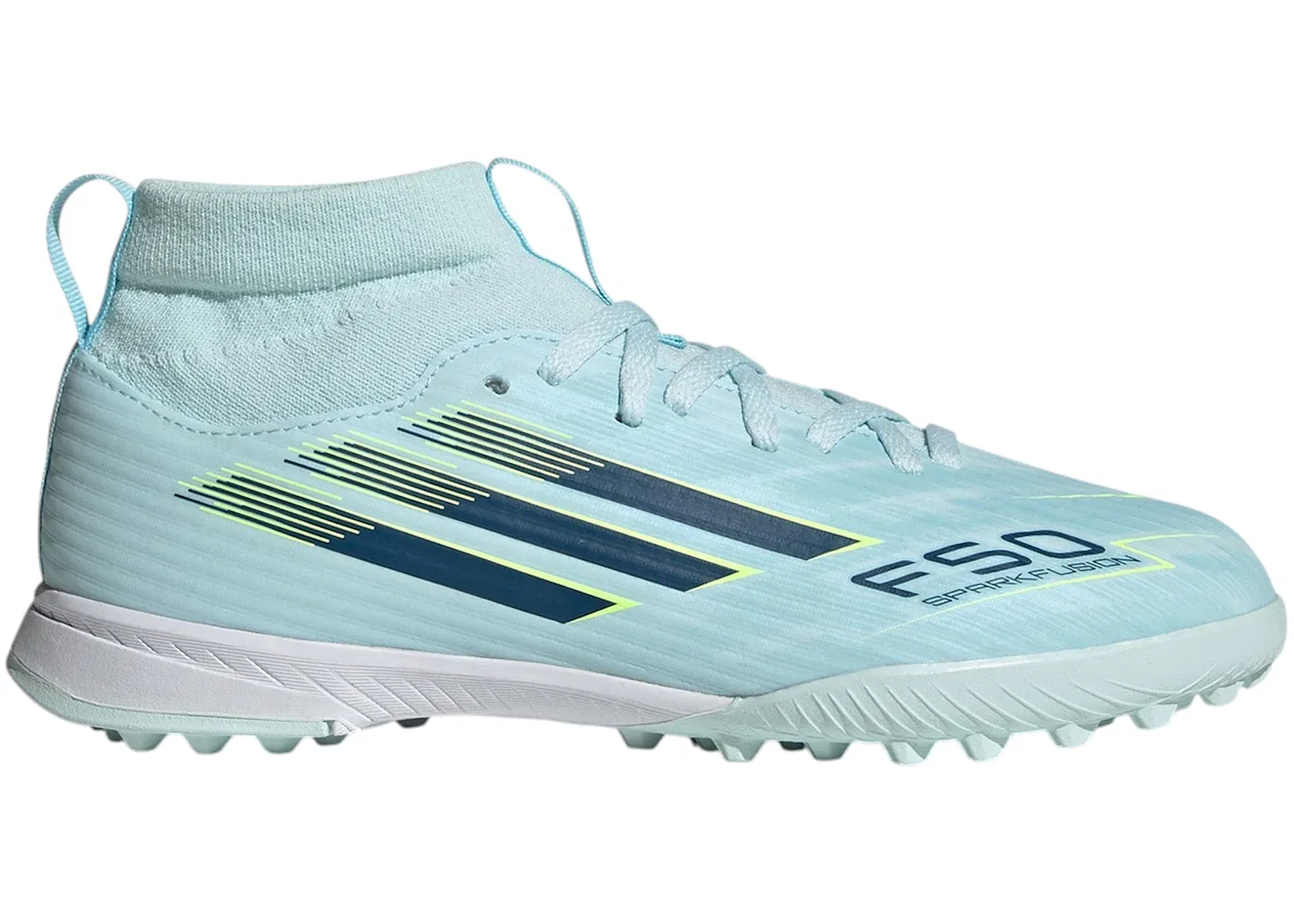 Детские бутсы с принтом Adidas F50 Sparkfusion League Mid Cut TF, Almost Blue/Dusky Petrol/Hi-Res Yellow