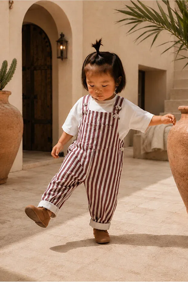 Детский джинсовый комбинезон с принтом Unisex Striped Baby Denim Salopet / Overalls Overdo, Red