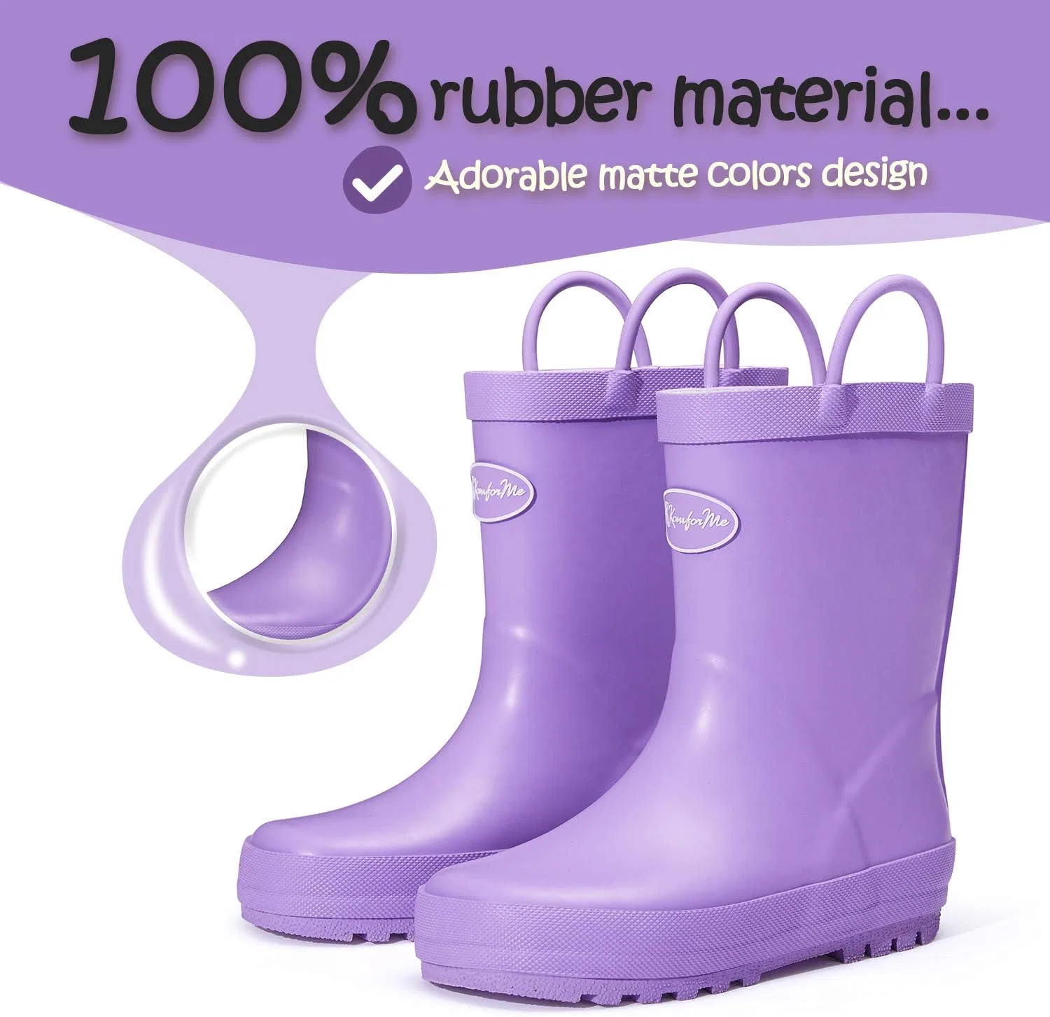 Детские резиновые сапоги для девочек с ручками K KomForme, Light Purple — фото 3