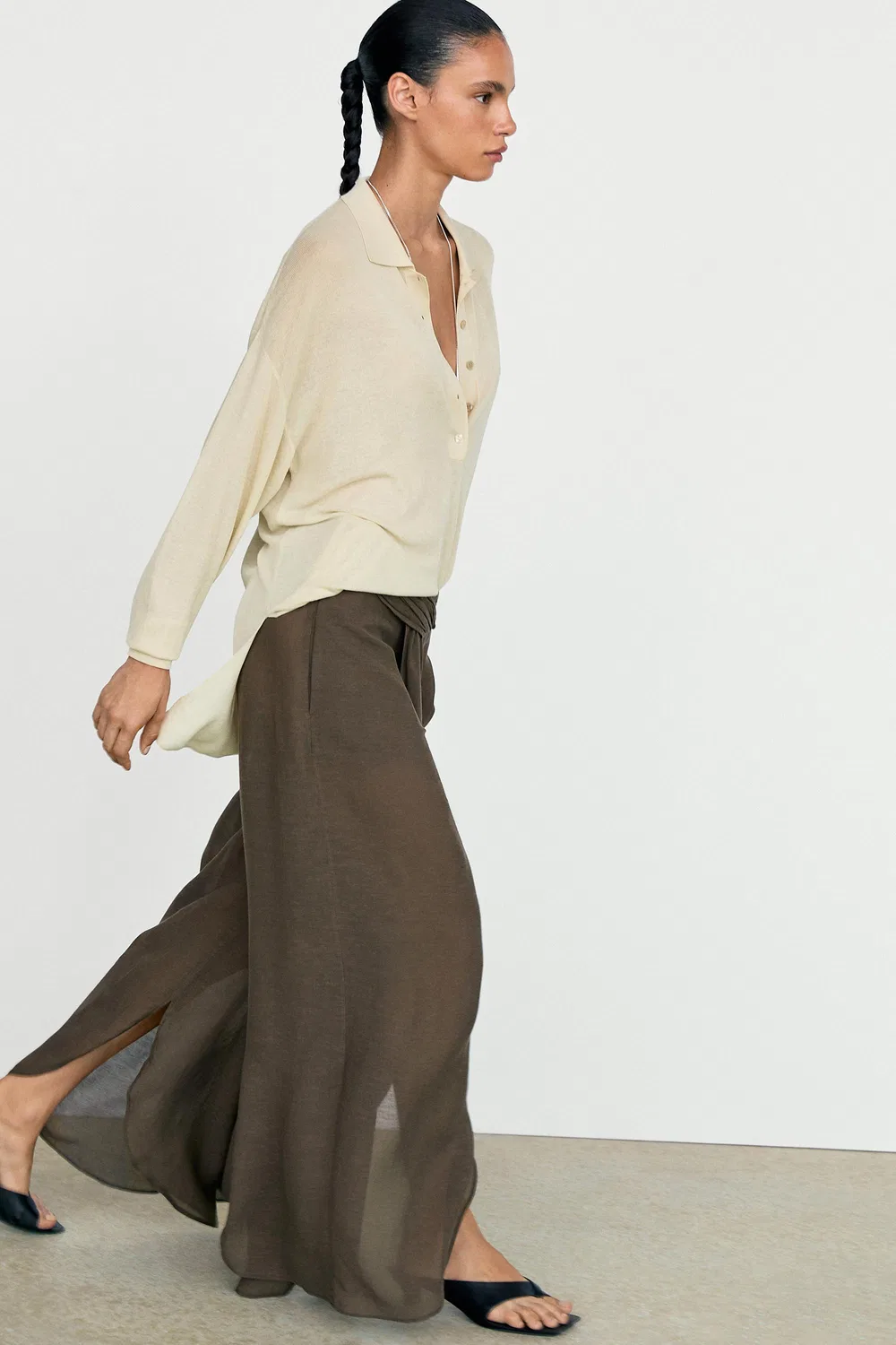 Юбка-шорты Massimo Dutti, полупрозрачные из смесовой льняной ткани, коричневый — фото 3