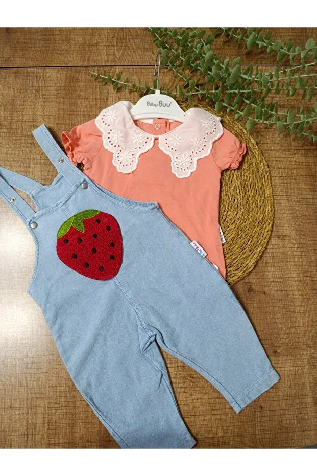 Детский комбинезон для девочек с цветочным принтом Strawberry pocket ruffle collar detailed denim baby girl summer salopet gardener set Baby Buu, Pink — фото 3