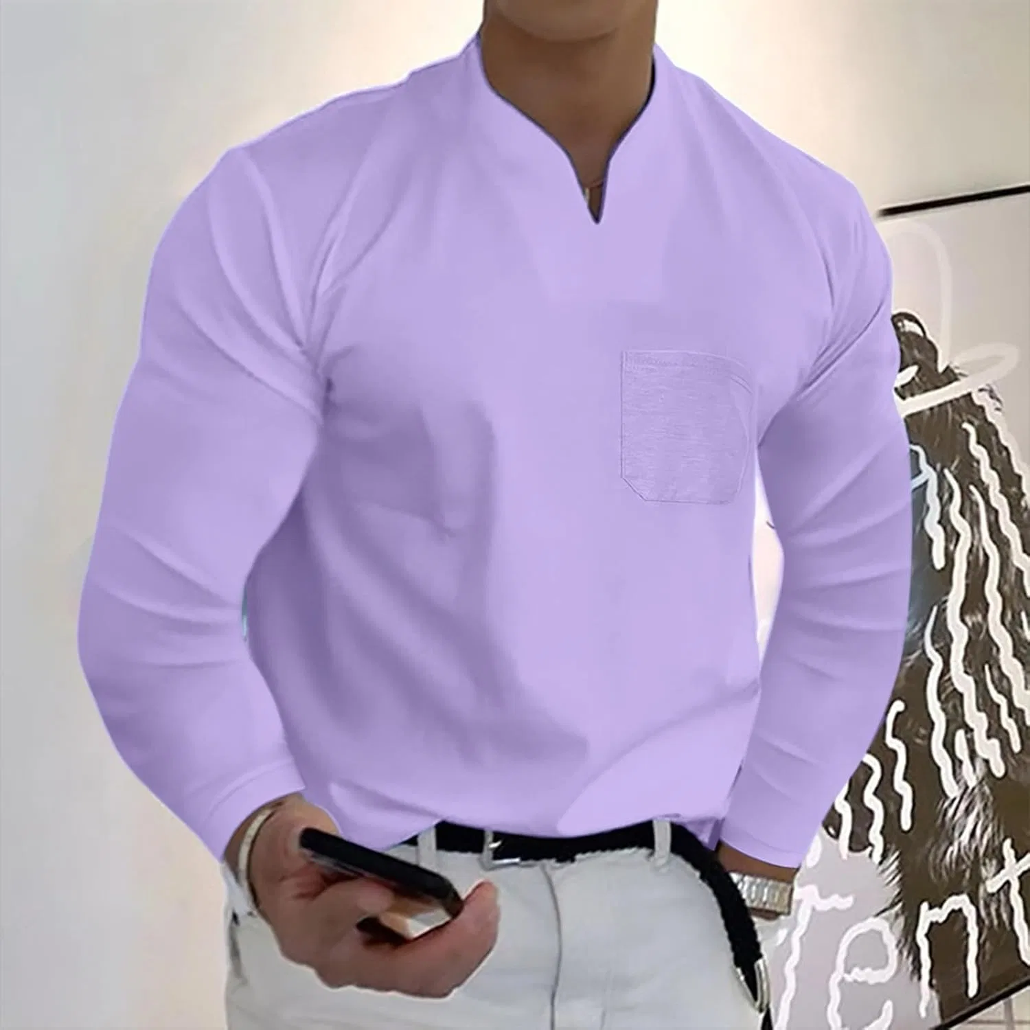Мужская футболка с V-образным вырезом длинный рукав Generic, 3-light Purple — фото 2