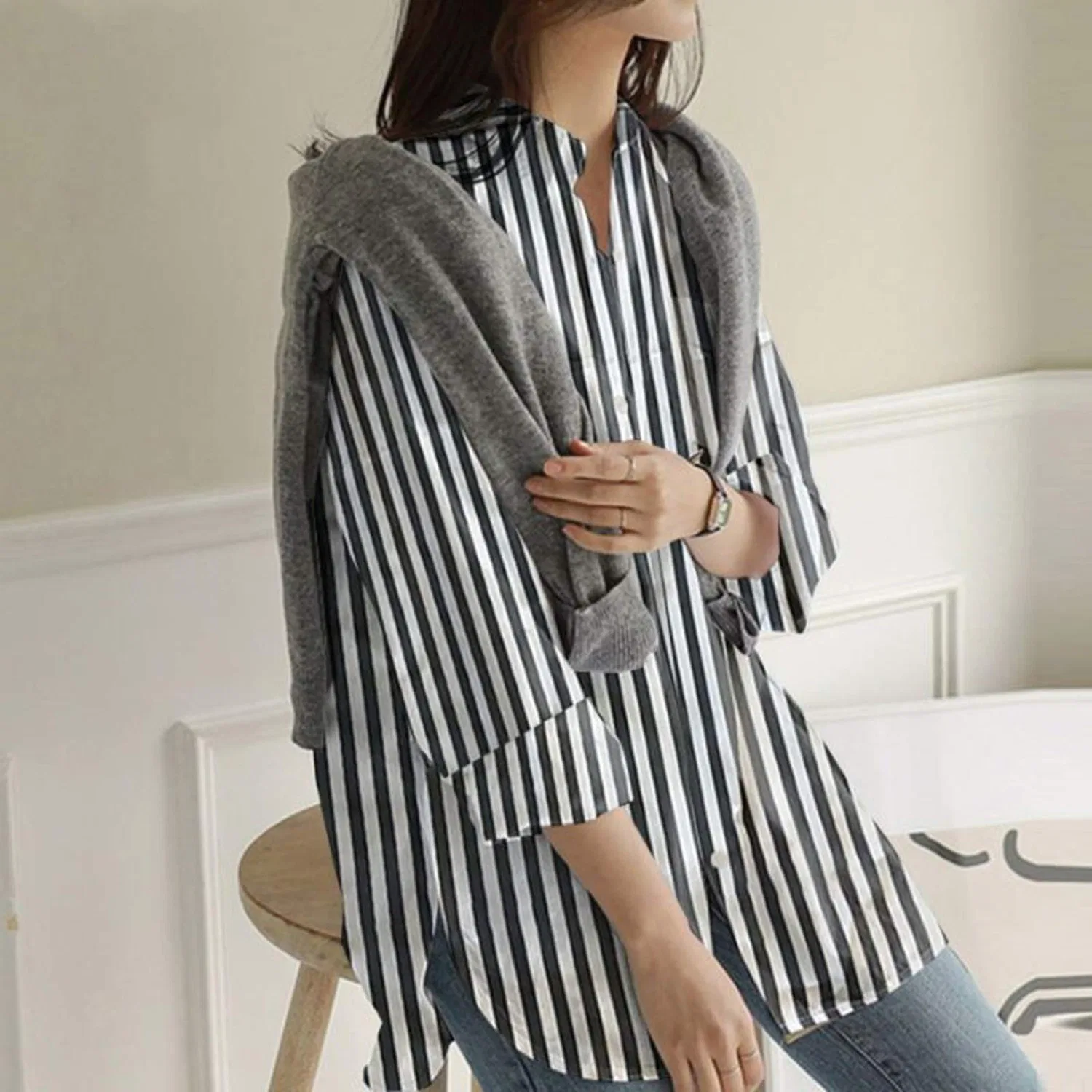 Женская блузка с длинным рукавом с боковыми разрезами Topko Plus Size, Black Stripes — фото 4