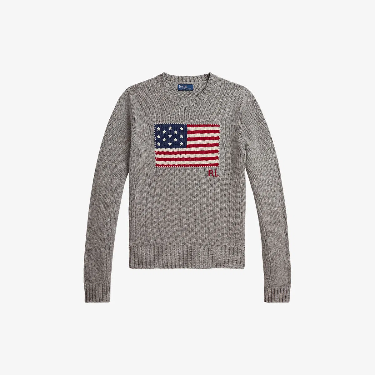 Вязаный хлопковый джемпер с американским флагом Polo Ralph Lauren, серый меланж