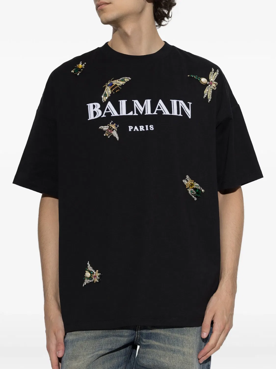 Футболка с логотипом и отделкой кристаллами Balmain, черный — фото 4