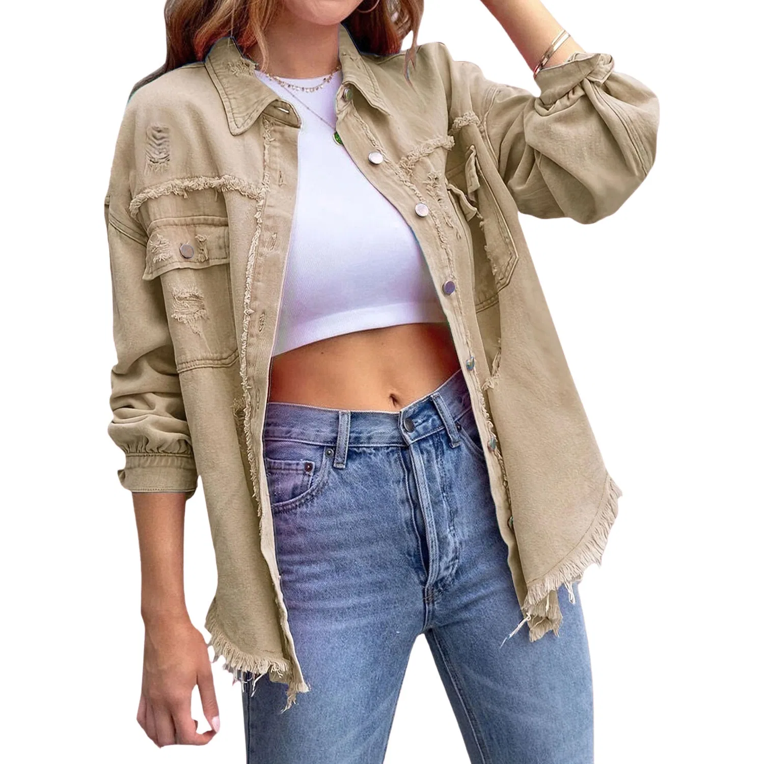 Женская джинсовая куртка oversize с бахромой, Cachi