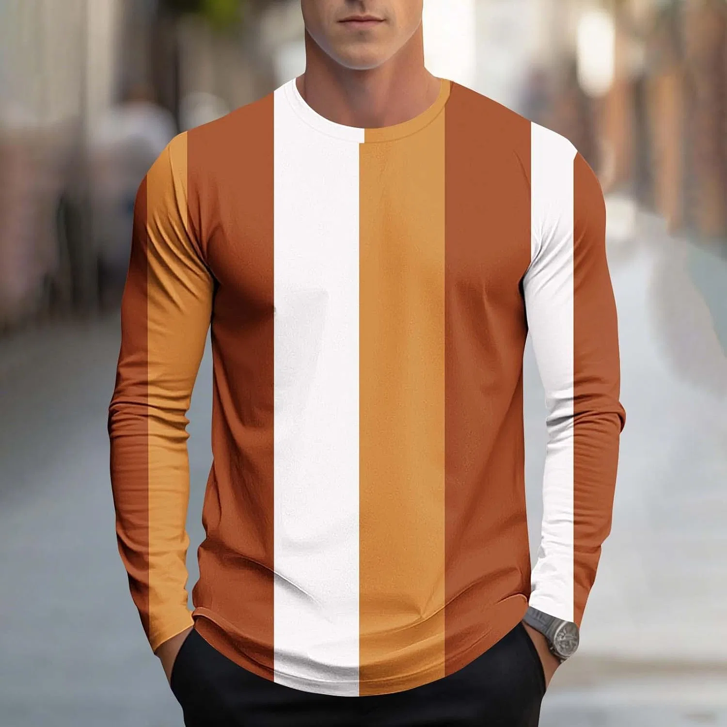 Мужская футболка с длинным рукавом с вертикальными полосками, Orange — фото 2