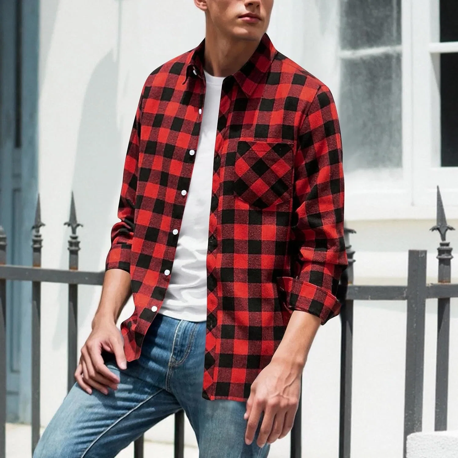 Мужская фланелевая рубашка с клеткой Long Sleeve Shirts for Men, Red — фото 2