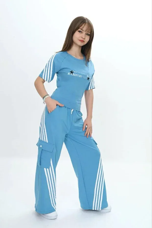 Детский спортивный комплект для девочек с карманами 100% хлопок Joui Co, Light Blue