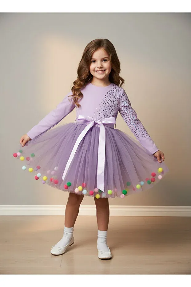 Детское платье для девочек с длинным рукавом Pompom children's dress 086229 By Piera, Lilac — фото 2