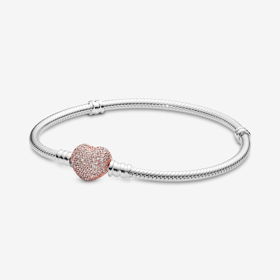 

Браслет Pandora Moments Pavé Heart Clasp Snake Chain, серебро/розовое золото