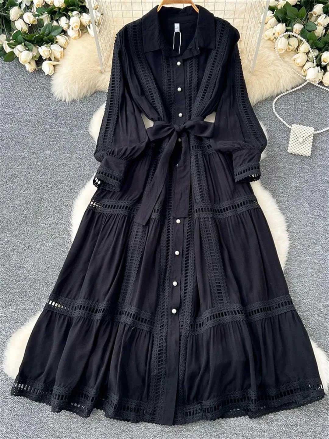 Женское винтажное платье с кружевными вставками Generic, Black — фото 3