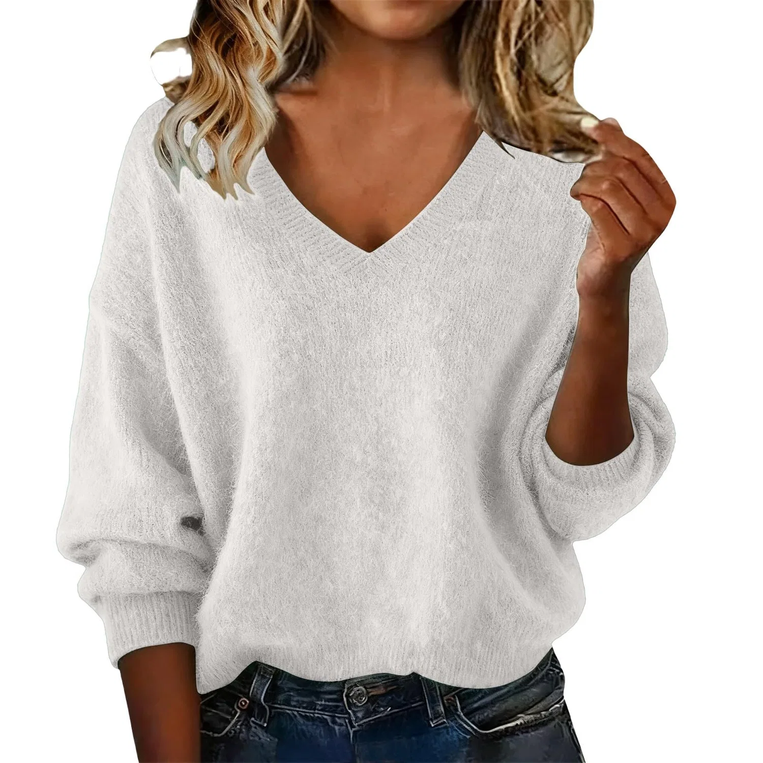 Женский свитер оверсайз с V-образным вырезом и длинным рукавом, White