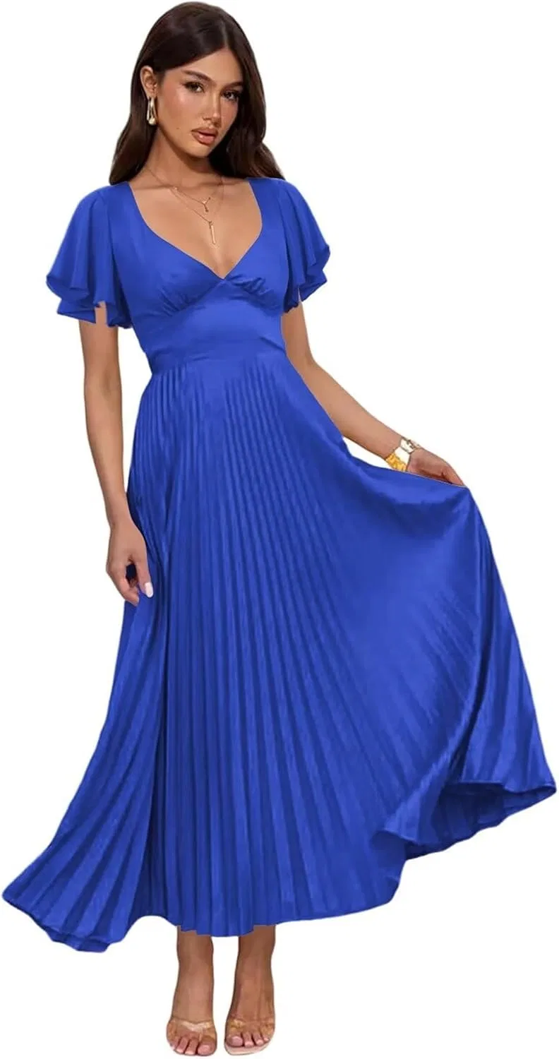Женское атласное платье для подружки невесты V-образным вырезом YH98, Royal Blue