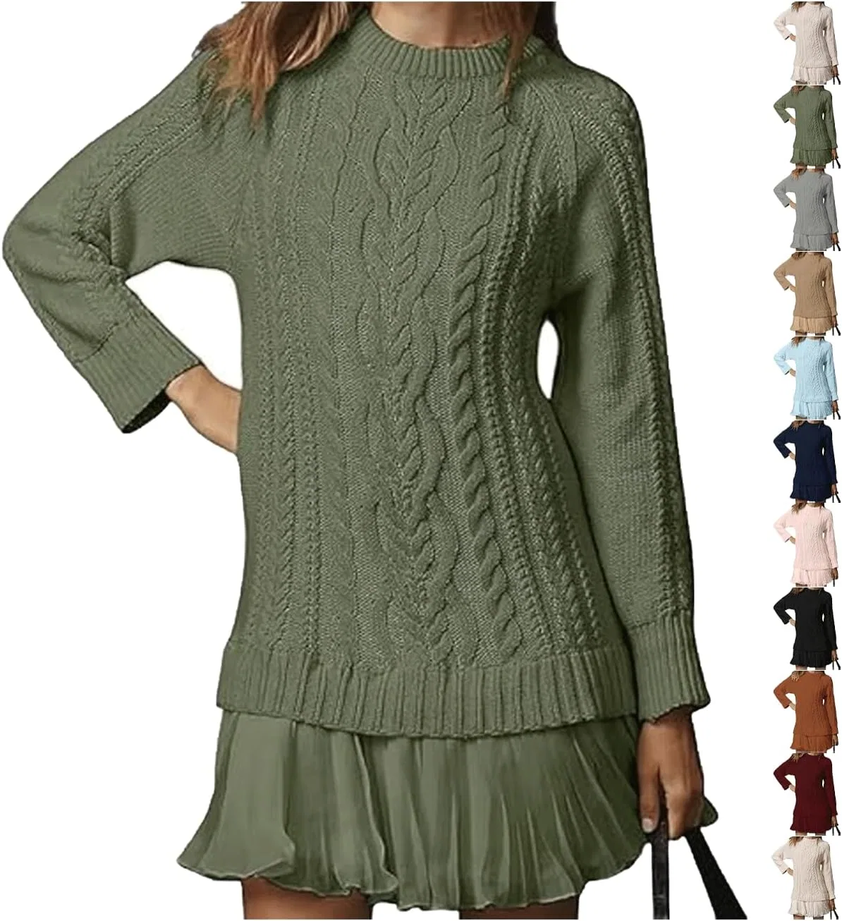 Женское платье-свитер с воротником-хомутом, с косами, модель Pleated Patchwork, армейский зелёный