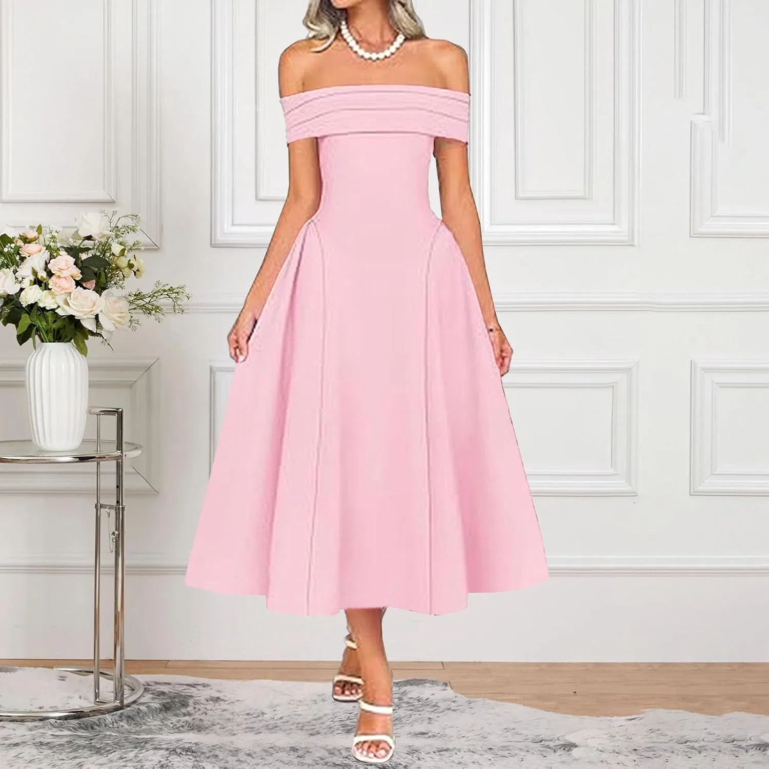 Женское элегантное платье с открытыми плечами, Pink — фото 2
